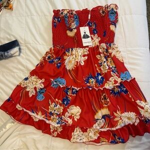 Smocked Red Floral dress tiered size Medium